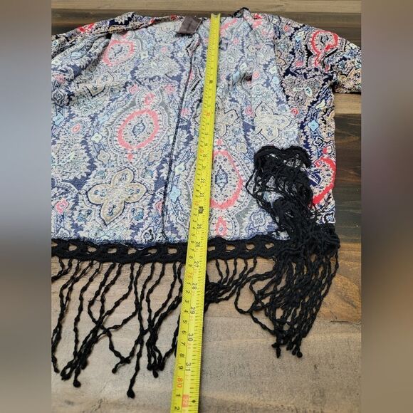 Moon Collection Boho Open-Front Cardigan Fringe Short Sleeve Crotchet Hem Size L - Picture 8 of 9